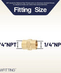1/4 Inch NPT brass coupling showing fitting size details, part of Seven Hundred Piece Bulk Bundle Of Quarter Inch Female Npt Brass Pipe Couplings For Water And Fuel Lines Featuring Straight Up Solid Lead Free Construction And No Nonsense Heavy Duty Industrial Grip.