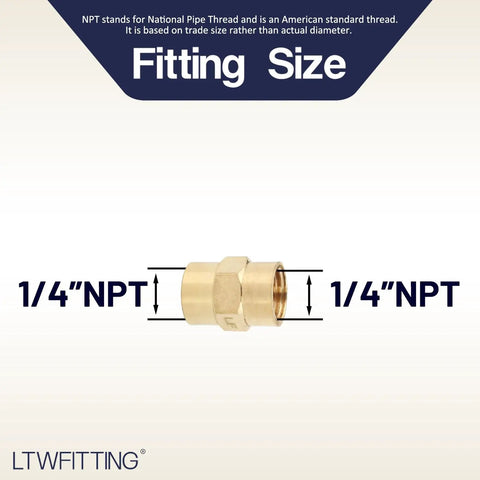 1/4 Inch NPT brass coupling showing fitting size details, part of Seven Hundred Piece Bulk Bundle Of Quarter Inch Female Npt Brass Pipe Couplings For Water And Fuel Lines Featuring Straight Up Solid Lead Free Construction And No Nonsense Heavy Duty Industrial Grip.