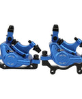 Heavy Duty Aluminum Alloy Mechanical Disc Brakes Front Rear Set For Mountain Bikes Hella Smooth Two Way Piston Action Stops On A Dime Blue Color Slick Setup, close-up of calipers.
