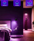 Bedroom with 5W RGBW LED Indoor Uplights With Remote Color Changing Spotlight Kit illuminating walls, 500LM and 50000 hours lifespan.