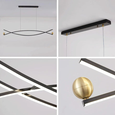 Dope Black Brass Long Strip Suspension Lamp With Adjustable Cable Up To One Point Five Meters, showing details and angles