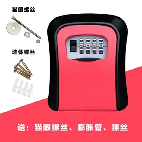 Durable 4 Digit Combination Code Lock Storage Box with mounted screws, red color, designed for wall door mounting to protect keys.