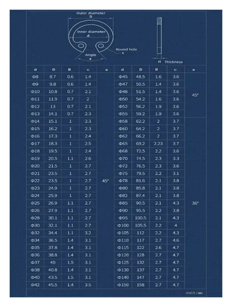 Technical diagram with dimensions for Retaining Ring M78 To M150, 304 Stainless Steel C Type Internal Circlip