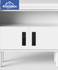 White cabinet with Recessed Pocket Door Pull Handle Edge Flush Hidden Finger Pull For Sliding Doors in satin nickel finish.