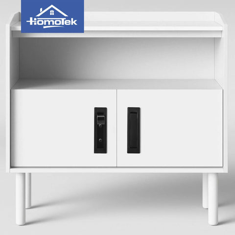 White cabinet with Recessed Pocket Door Pull Handle Edge Flush Hidden Finger Pull For Sliding Doors in satin nickel finish.