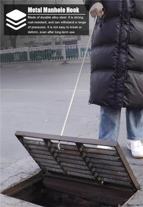 No Sweat Heavy Duty Manhole Cover Hook And Stainless Steel Lifter for easy lifting of storm drains and septic tanks.