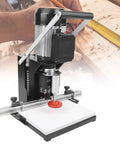 Electric hinge drilling machine for wood, front view with 19.6-inch scale ruler and metal clamp bars