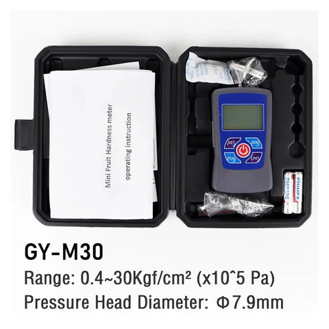 Digital Fruit Hardness Tester Penetrometer For Apples Pears Grapes Oranges in a black carrying case with instructional manual.