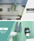 Before and after of bathroom with Super Handy Matte Black Toilet Paper Holder With Shelf And Storage For Flushable Wipes Includes Two Pack Towel Robe Hooks Made Of Rustproof Stainless Steel Adhesive Or Screw Wall Mount For Bathroom, showing organization and elegance.