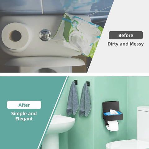 Before and after of bathroom with Super Handy Matte Black Toilet Paper Holder With Shelf And Storage For Flushable Wipes Includes Two Pack Towel Robe Hooks Made Of Rustproof Stainless Steel Adhesive Or Screw Wall Mount For Bathroom, showing organization and elegance.