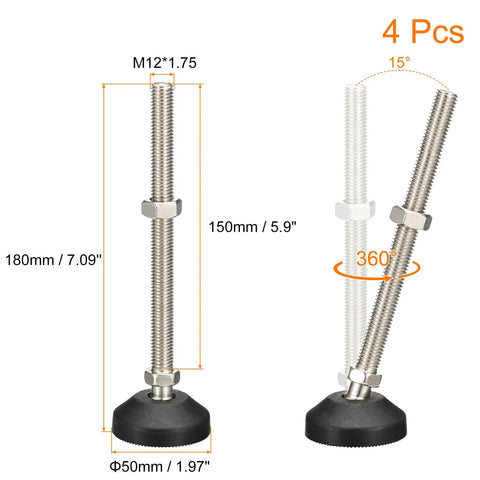 Four Piece Nylon Furniture Levelers Adjustable Swivel Table Feet M12 Thread Universal Machine Stabilizers with dimensions and swivel detail.
