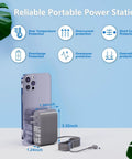 Reliable portable power station next to smartphone with overcharge protection and dimensions displayed.