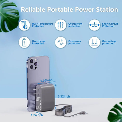 Reliable portable power station next to smartphone with overcharge protection and dimensions displayed.