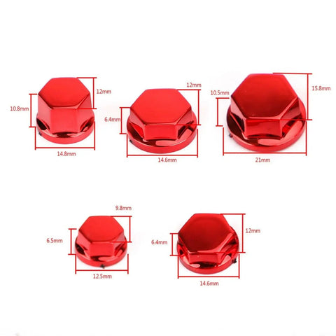 Red ABS Electroplated Hexagon Socket Screw Covers For Motorcycle 30 Piece Set In Five Sizes To Cover Bolts And Nuts M8 To M10