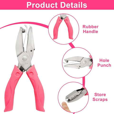 Pink Dual Shape Heart And Star Hole Puncher with soft grip handle, showing rubber handle, hole punch, and scrap storage details.