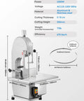 Beefy 1500W Meat And Bone Bandsaw With ETL Approved, stainless steel worktable, dimensions, blade details, efficiency specs