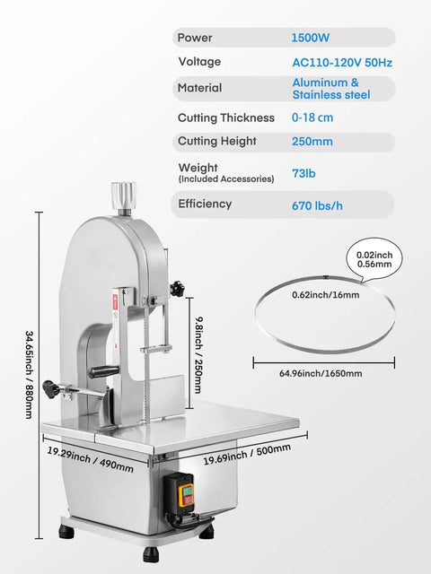 Beefy 1500W Meat And Bone Bandsaw With ETL Approved, stainless steel worktable, dimensions, blade details, efficiency specs