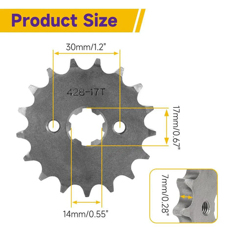 Front 428 Sprocket 17 Tooth 17mm dimensions for 50cc to 160cc pit dirt bikes ATV replacement part