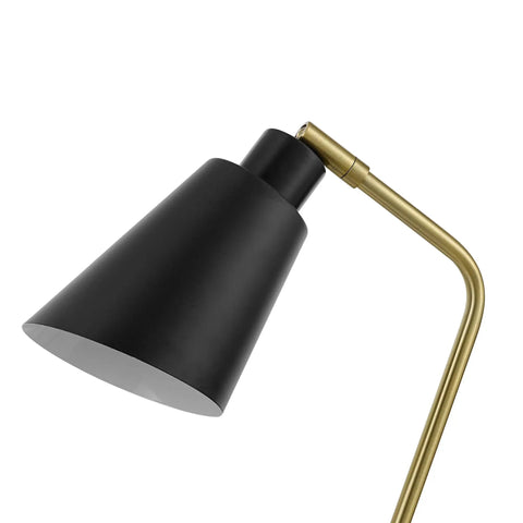 Industrial Luxe 17 Inch Desk Lamp in matte black with antique brass accents, close-up of pivoting head and arm