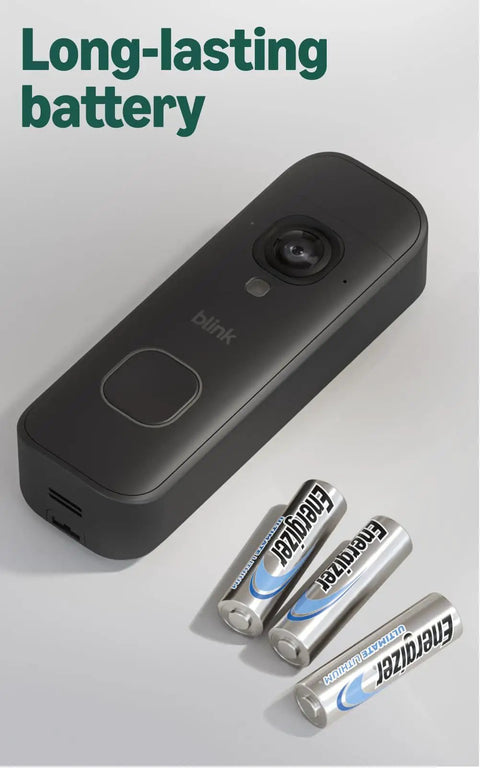 Hassle Free Wireless Video Doorbell Camera With Crisp 2K Head To Toe Clarity And Weeks Of Battery Runtime Includes Sync Module And One Year Cloud Storage Plan For Renters And Homeowners In Sleek Black with three batteries.