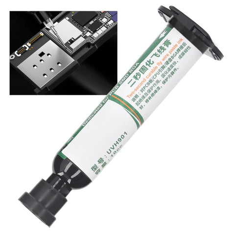 Milky White Solder Mask Ink For PCB BGA Repairs, Extreme High Temp Up To 550 Celsius, Ultra Fast 2 Second Drying Curing Paint, Insulating Resist For Electronics, 10cc Tubes Pack Of 2, Pro Grade shown in use on circuit board.