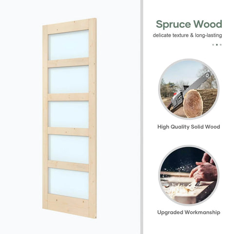 Front view of 32x84 Inch Glass Sliding Barn Door Slab With 5.5ft Hardware Kit Included, Frosted 5 Panel Glass, Spruce Wood Support