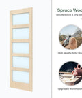 Front view of Glass Sliding Barn Door Slab 30x84 Inches With 5ft Hardware Kit Included, Frosted 5 Panel Glass, Spruce Wood Frame.