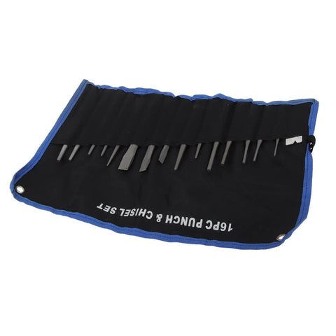 16 Piece Mechanics Punches And Chisel Set With Taper Punch, Pin Punch, Center Punch And Cold Chisels in a black roll-up case