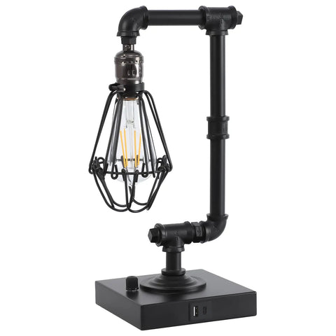 Industrial Table Lamp With Stepless Dimming Knob Control And Edison Pipe Design, USB A And USB C Charging Ports, Bulb Included.