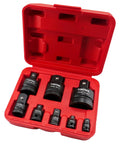 Pro Grade Eight Piece Impact Socket Adapter And Reducer Set With Heavy Duty Steel Build in red case showing eight pieces.
