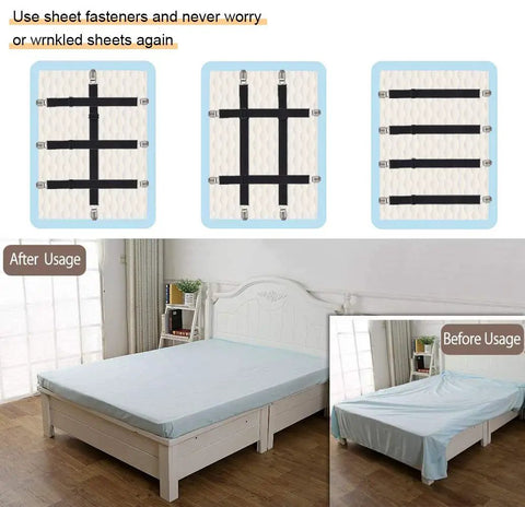 Adjustable Bed Sheet Straps Clips 8 Pack Black Heavy Duty Elastic Mattress Fasteners Before and After Use