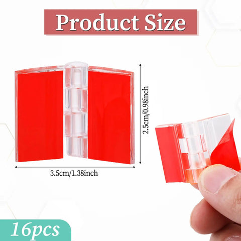 16 Pcs Self Adhesive Clear Acrylic Hinges 35x25mm with size shown, highlighting red adhesive backing in close-up view