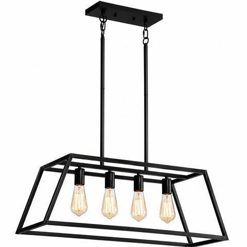 Black Kitchen Island Lighting Fixture, 4-Light Farmhouse Pendant with metal frame and E26 base, hanging view