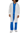 Person wearing Relaxed Fit Unisex Full-Length Lab Coat With Snap Front And Two Spacious Pockets, blue scrubs underneath visible