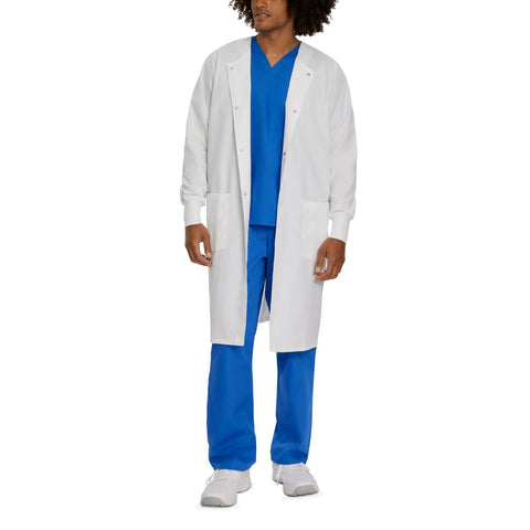 Person wearing Relaxed Fit Unisex Full-Length Lab Coat With Snap Front And Two Spacious Pockets, blue scrubs underneath visible