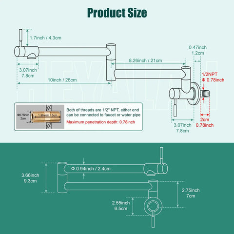 Technical diagram of Wall Mount Pot Filler Faucet with Folding Double Arm Swing, 19 Inch Reach, NPT 1/2 Inch Threads.