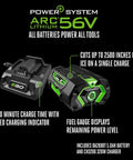 Electric Ice Auger For Ice Fishing With An 8-Inch Bit, 56V 5.0Ah battery and charger, power system features and specs shown