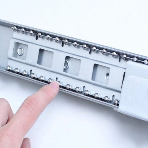 Close-up of Beefy Heavy Duty Drawer Slides With Ball Bearings Full Extension Steel Guides for 130 Kg Load