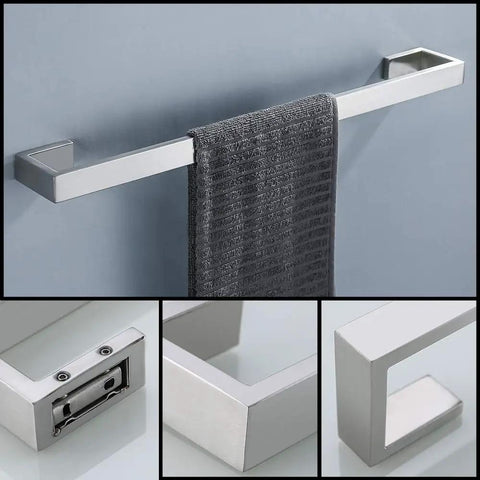 4 Piece Bathroom Hardware Set With Stainless Steel Towel Bar Towel Holder Robe Hook And Toilet Paper Holder Built To Last Dope Quality Rust Resistant SUS304 Bath Accessories For Everyday Use, close-up of towel bar with brushed nickel finish.