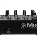 Front view of a portable black Five Channel Compact Mixer With Mad Headroom And Low Noise, Mic And Line Input, Two Band EQ.
