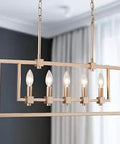 Modern Gold 5 Light Chandelier For Dining Room And Kitchen Island, Linear Farmhouse Style Pendant Light, 28 Inch Rectangle Frame