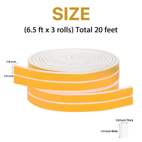 Top Tier Closed Cell Weather Stripping Foam Tape Four Rolls White Door Window Gasket Seal Self Adhesive Draft Blocker, size 1/4 in W x 1/8 in T, total 20 ft.