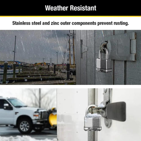 M5XT Magnum Heavy Duty Outdoor Padlock With Key, Two Pack Keyed Alike, securing a gate in rainy weather