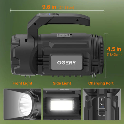 Rechargeable All In One Camping Lantern And Flashlight With Built In Multi Tool Kit, dimensions labeled, gray black color