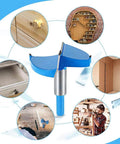 Blue plastic drill-guide jig for hinge hole drilling with hex handle and metal shaft, front view