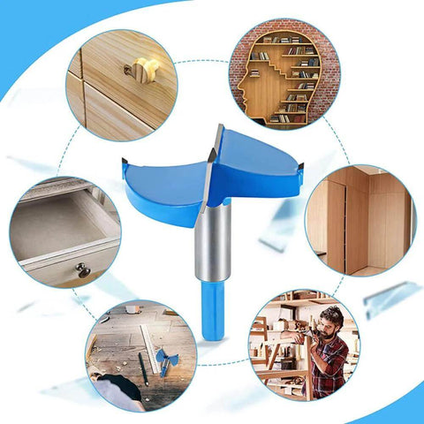 Blue plastic drill-guide jig for hinge hole drilling with hex handle and metal shaft, front view