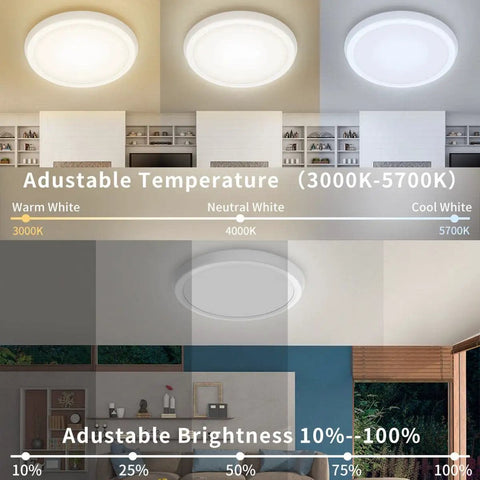Smart LED Ceiling Light Flush Mount with adjustable temperature and brightness levels shown in living room and bedroom settings.