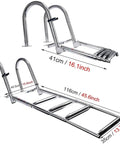 Stainless Steel Beefy Four Step Pontoon Boat Ladder with Heavy Duty Folding Telescoping Design For Yacht Or Pool, non-slip pedals, rust resistant, shown extended and retracted.
