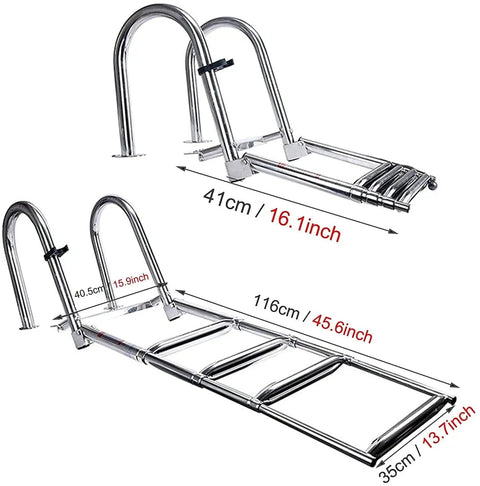 Stainless Steel Beefy Four Step Pontoon Boat Ladder with Heavy Duty Folding Telescoping Design For Yacht Or Pool, non-slip pedals, rust resistant, shown extended and retracted.