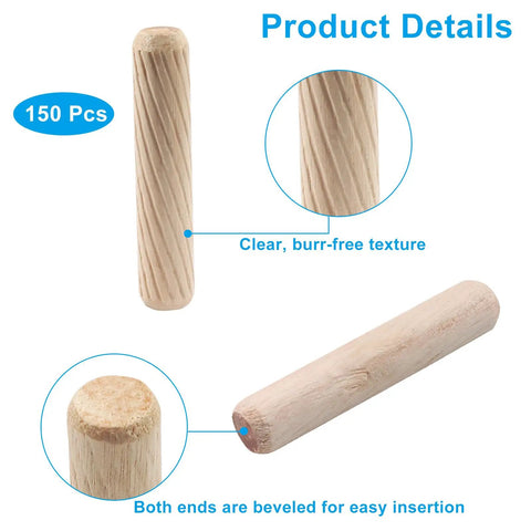 Kickass Fluted Wood Dowel Pins M8x40mm Hardwood Grooved Plugs Kiln Dried close-up showing clear texture and beveled ends.
